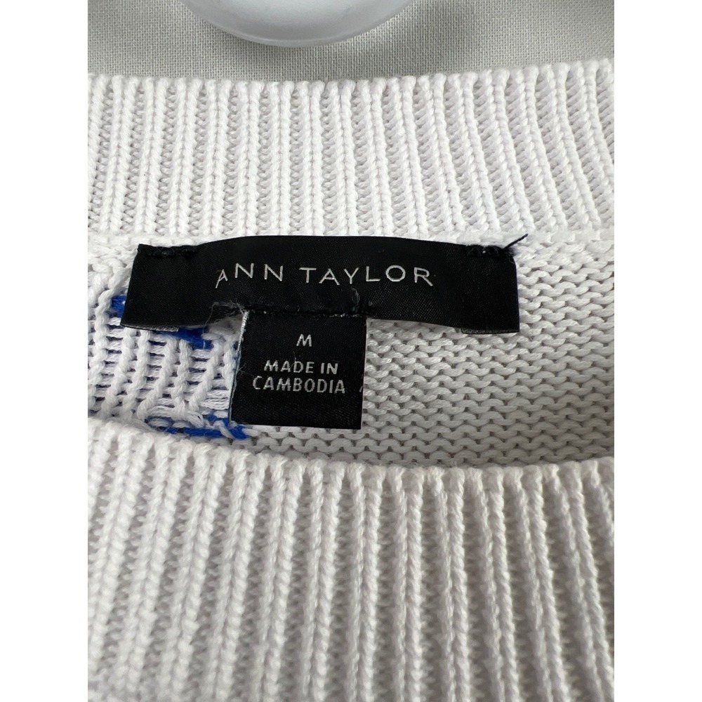 Ann Taylor Pullover Cropped Sweater Womens Medium White Blue Leaf Cotton Knit - Picture 2 of 8